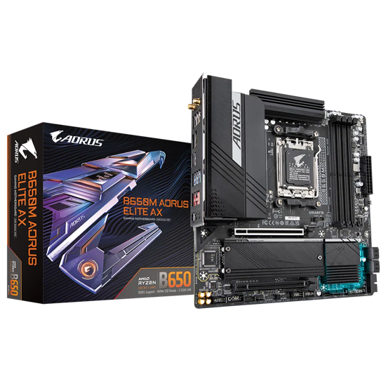 Fotografija izdelka GIGABYTE B650M AORUS ELITE AX, DDR5, SATA3, USB3.2Gen2x2, DP, 2.5GbE, WiFi 6E, AM5 mATX