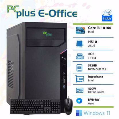 Fotografija izdelka PCPLUS e-Office i3-10100 8GB 512GB NVMe SSD Windows 11 Pro Office Home & Bus  miška in tipkovnica namizni računalnik