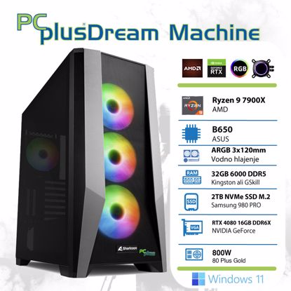 Fotografija izdelka PCPLUS Dream Machine Ryzen 9 7900X 32GB 2TB NVMe SSD GeForce RTX 4080 16GB Windows 11 Home gaming