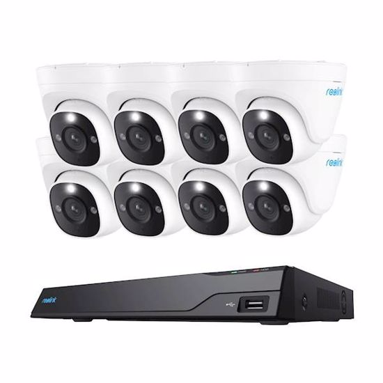 Fotografija izdelka Reolink NVS16-12MD8 varnostni komplet, 1x NVS snemalna enota (4TB) + 8x IP kamera, 4K 12MP Ultra HD+, PoE, barvno nočno snemanje, LED reflektor, aplikacija, IP67, dvosmerna komunikacija