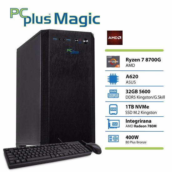 Fotografija izdelka PCPLUS Magic Ryzen 7 8700G 32GB 1TB NVMe SSD Radeon 780M tipkovnica miška namizni računalnik