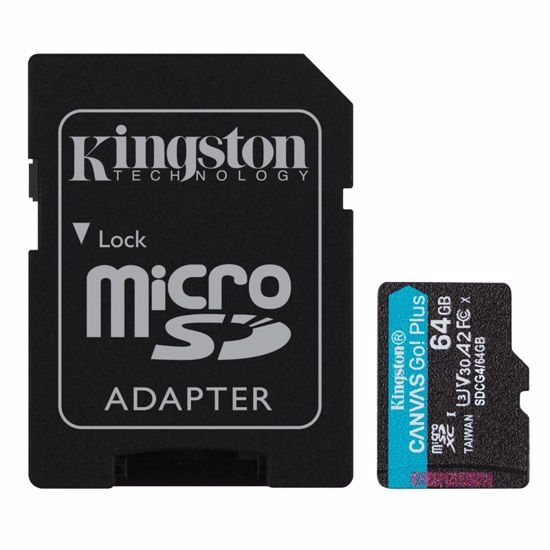 Fotografija izdelka KINGSTON Canvas Go! Plus microSD 64GB Class 10 UHS-I U3 V30 A2 adapter (SDCG4/64GB) spominska kartica