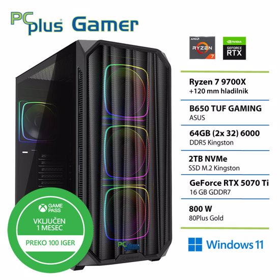 Fotografija izdelka PCPLUS Gamer Ryzen 7 9700X 64GB 2TB SSD RTX 5070Ti 16GB Windows 11 Home + Xbox GP gaming namizni računalnik