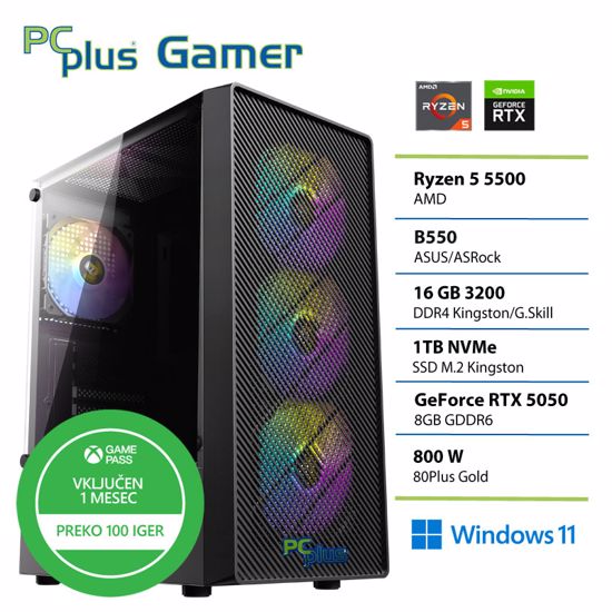 Fotografija izdelka PCPLUS Gamer Ryzen 5 5500 16GB 1TB SSD RTX 5050 8GB Windows 11 Home + Xbox GP gaming namizni računalnik