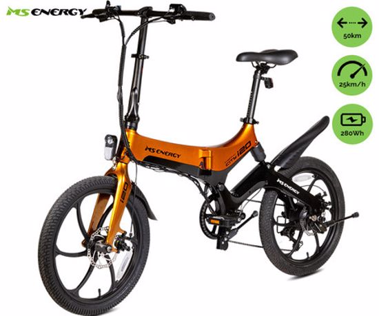Fotografija izdelka MS ENERGY STREETFLEX i20 električno kolo, zložljivo, 20" pnevmatike, 250W motor, 36V 7.8Ah 280Wh baterija, Shimano, do 50 km, disk zavore, vzmetenje, LCD zaslon, NFC, črno oranžno (Nightfall Sunset)