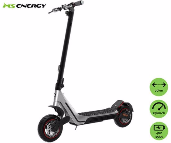 Fotografija izdelka MS ENERGY MENTOR električni skiro, 10" gume, 500W motor, 70km doseg, 48V 15Ah baterija, vzmetenje, Smart BMS, LCD zaslon, LED osvetlitev, aplikacija, srebrno črn (Titanium Steel)