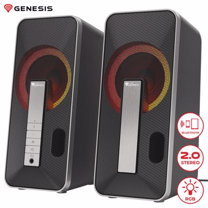 Fotografija izdelka GENESIS HELIUM 100BT RGB računalniški zvočniki, STEREO 2.0, 10W RMS, RGB LED osvetlitev, 3.5mm audio jack, Bluetooth 5.0, gumbi za upravljanje