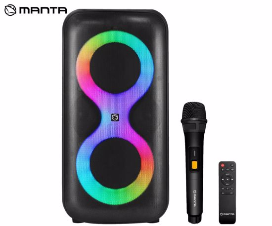 Fotografija izdelka MANTA SPK0401B100 ERIS prenosni KARAOKE zvočnik, Bluetooth 5.3, 100W, X-BASS, polnilna baterija, RGB LED osvetlitev, USB / microSD / AUX / MIC-in, +mikrofon, +daljinec, črn