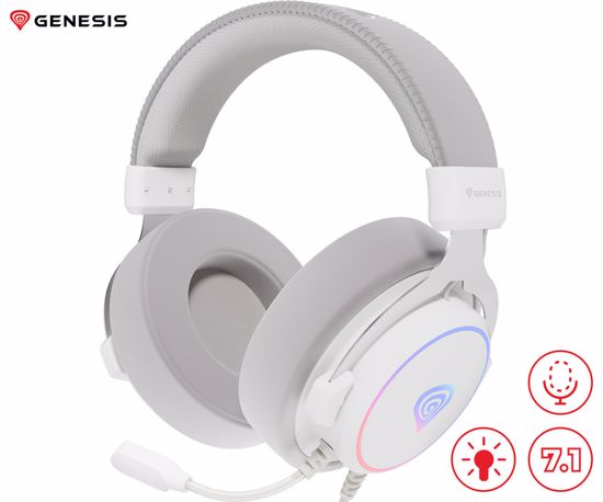 Fotografija izdelka GENESIS NEON 764 naglavne slušalke, gaming / pisarniške, 7.1 STEREO VIRTUAL zvok, mikrofon, RGB LED osvetlitev, nadzor glasnosti, gumbi za upravljanje, programska oprema, bele (Howlite White)