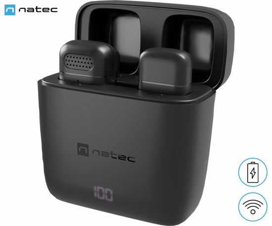 Fotografija izdelka Natec HOPPER brezžični mikrofon, mini, lavalier, polnilna baterija, 2.4GHz sprejemnik, doseg do 30m, tehnologija ENC, CLIP-ON montaža, +polnilna postaja, USB Type-C, črn