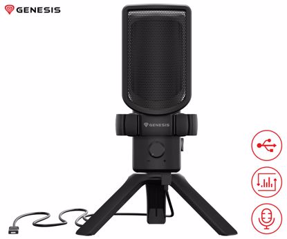 Fotografija izdelka GENESIS RADIUM 250 profesionalni mikrofon, namizni / studijski, 192kHz, POP filter, gumb MUTE / GAIN, jack 3.5mm, USB Type-C, PC, RGB LED osvetlitev, črn