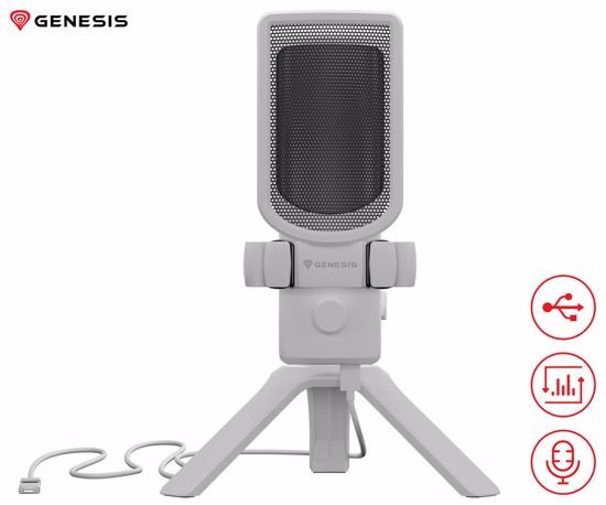 Fotografija izdelka GENESIS RADIUM 250 profesionalni mikrofon, namizni / studijski, 192kHz, POP filter, gumb MUTE / GAIN, jack 3.5mm, USB Type-C, PC, RGB LED osvetlitev, bel