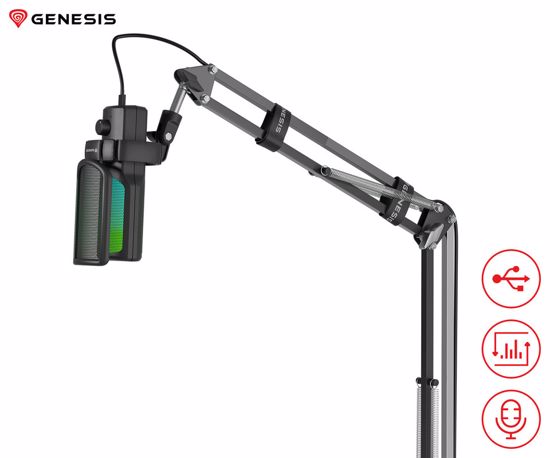 Fotografija izdelka GENESIS RADIUM 251 profesionalni mikrofon, namizni / studijski, 192kHz, POP filter, gumb MUTE / GAIN, jack 3.5mm, USB Type-C, PC, RGB LED osvetlitev, črn