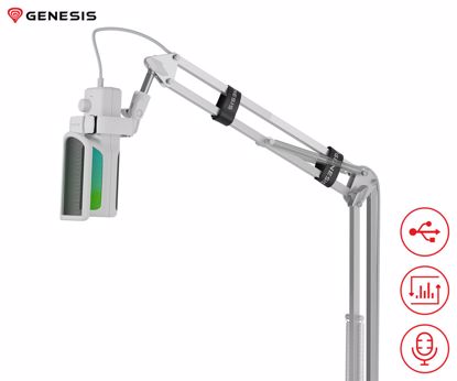 Fotografija izdelka GENESIS RADIUM 251 profesionalni mikrofon, namizni / studijski, 192kHz, POP filter, gumb MUTE / GAIN, jack 3.5mm, USB Type-C, PC, RGB LED osvetlitev, bel