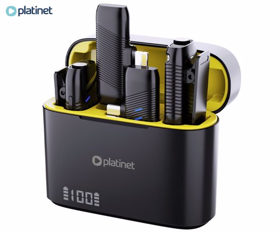 Fotografija izdelka PLATINET PLMM30 2x brezžični mikrofon, mini, lavalier, polnilna baterija, 2.4GHz sprejemnik, doseg do 25m, Plug & Play, CLIP-ON montaža, +polnilna postaja, USB Type-C / Lightning, črn