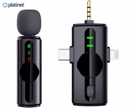 Fotografija izdelka PLATINET PLMM11 brezžični mikrofon, mini, lavalier, polnilna baterija, 2.4GHz sprejemnik, doseg do 20m, Plug & Play, CLIP-ON montaža, +polnilna postaja, USB Type-C / Lightning, črn