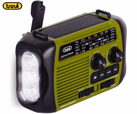 Fotografija izdelka TREVI RA 7F30 BT DYNAMO radijski sprejemnik, 3v1, FM Radio, zvočnik, teleskopska antena, polnilna baterija, solarni panel, LED svetilka, retro izgled, prenosen, FM / AM / SW, USB, microSD, zeleno-črn