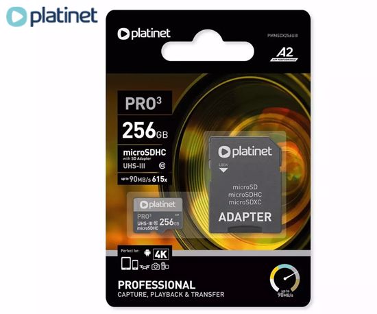 Fotografija izdelka PLATINET PMMSDX256UIII microSD kartica, 256GB, 90MB/s, class10, UHS-I, +adapter