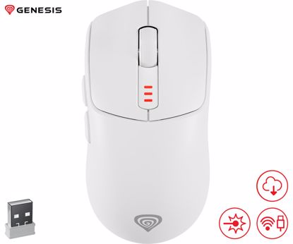 Fotografija izdelka GENESIS ZIRCON 500 brezžična miška, gaming / pisarniška, 10.000DPI, Bluetooth 5.0 / USB 2.4GHz / USB Type-C, 6 gumbov, polnilna baterija, spomin, programska oprema, Plug & Play, bela