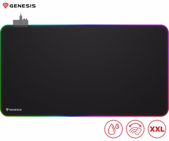 Fotografija izdelka GENESIS BORON 500 XXL RGB podloga za miško, 800x400mm, RGB LED osvetlitev, gladka površina, protizdrsna podlaga, prešiti robovi, črna