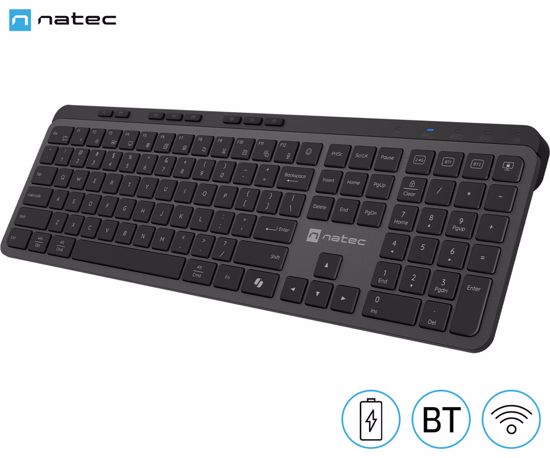 Fotografija izdelka Natec MEDUSA brezžična tipkovnica, profesionalna, Bluetooth / USB 2.4GHz, X-SCISSORS tiha stikala, polnilna baterija, 21 multimedijskih tipk, Windows / Android / Linux / MacOS, USB Type-C, črna