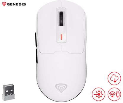 Fotografija izdelka GENESIS ZIRCON 660 brezžična miška, gaming / pisarniška, 12.000DPI, USB 2.4GHz / Bluetooth / USB Type-C, 6 gumbov, polnilna baterija, spomin, programska oprema, Plug & Play, bela (Howlite White)