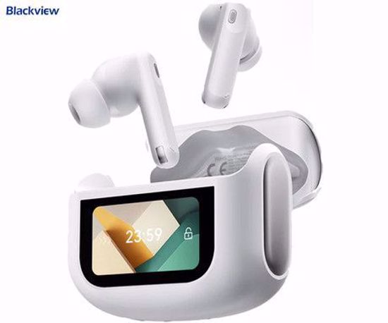 Fotografija izdelka Blackview AIRBUDS 12 brezžične ušesne slušalke, Bluetooth 5.4, Advanced ANC & ENC, LED zaslon, klicanje, mikrofon, polnilna postaja, do 28 ur, IPX7 vodoopornost, USB Type-C, bele (Ivory White)
