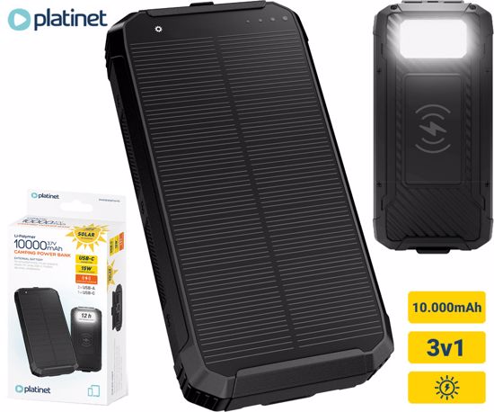Fotografija izdelka PLATINET PMPB10SPW15 SOLAR powerbank polnilna baterija, 15W, 10.000mAh, 2x USB Type-A, 1x USB Type-C, solarno polnjenje, Qi brezžični polnilec, LED luč, črna