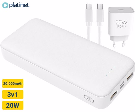 Fotografija izdelka Platinet PMPB20SET 3v1 komplet powerbank polnilna baterija, +adapter 20W, +kabel 100cm,, 20.000mAh, Power Delivery, 2x USB Type-A, 1x USB Type-C, 1x microUSB, LED indikatorji, bel