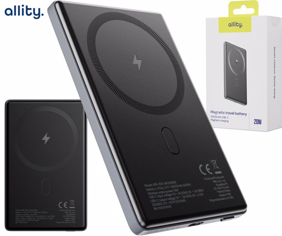 Fotografija izdelka ALLITY APB-300 powerbank polnilna baterija, 5.000mAh, 20W, 1x USB-C, brezžično polnjenje, MagSafe tehnologija, Power Delivery, Quick Charge, Plug&Play, siva