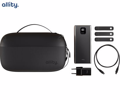 Fotografija izdelka ALLITY ATK 5v1 komplet dodatne opreme, 18-predelni organizator / torbica, 20.000mAh 22.5W powerbank, 20W GaN adapter / polnilec, 1m 60W USB-C / USB-C kabel, 3x silikonska vezica, črn