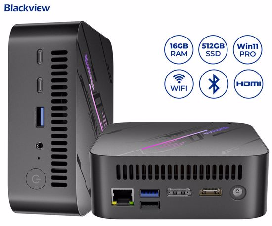 Fotografija izdelka Blackview MP100 namizni mini računalnik, Windows 11 PRO, AMD Ryzen 5 7430U, AMD Radeon Graphics, 16GB RAM, 512GB SSD, WIFI 6, Bluetooth 5.2, Ethernet, 3x USB Type-A, 1x HDMI, 1x DP, 2x USB Type-C, siv