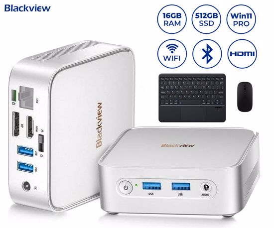 Fotografija izdelka Blackview MP50 namizni mini računalnik, Windows 11 PRO, AMD Ryzen 5 3500U, AMD Radeon Graphics, 16GB RAM, 512GB SSD, WIFI 5, Bluetooth, Ethernet, 4x USB-A, 1x HDMI, 1x DP, minijack, +dodatki, srebrn