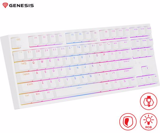 Fotografija izdelka GENESIS THOR 404 TKL gaming tipkovnica, mehanska, RGB LED osvetlitev, tehnologija Hot-Swap, funkcija N-Key Rollover, programska oprema, vgrajen pomnilnik, F1-F12, bela