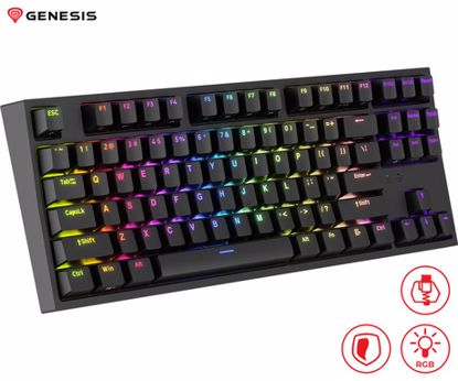 Fotografija izdelka GENESIS THOR 404 TKL gaming tipkovnica, mehanska, RGB LED osvetlitev, tehnologija Hot-Swap, funkcija N-Key Rollover, programska oprema, vgrajen pomnilnik, F1-F12, črna