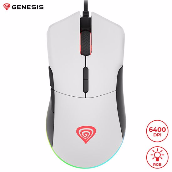 Fotografija izdelka GENESIS Krypton 290, gaming optična miška, RGB osvetlitev, 7 prog. tipk, 6.400dpi, spomin, aplikacija, belo/črna