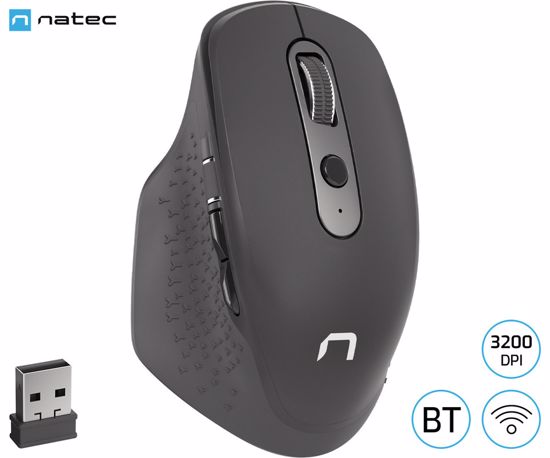 Fotografija izdelka Natec FALCON brezžična miška, 3200DPI, ergonomska, Bluetooth / USB 2.4GHz, 6 gumbov, tiha stikala, polnilna baterija, stranski drsnik, črna