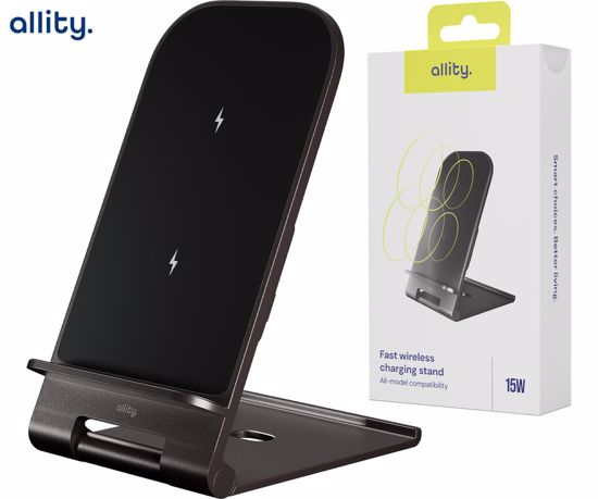 Fotografija izdelka ALLITY AWC-100-15W brezžični polnilec / stojalo, univerzalni, 15W brezžično polnjenje, Qi tehnologija, nastavljiv naklon, USB-C, priložen kabel, siv (Graphite)