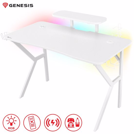 Fotografija izdelka GENESIS HOLM 320 RGB gaming miza, profesionalna, ergonomska, RGB LED osvetlitev, stojalo za monitor, nosilci za pijačo / gamepad / slušalke, 3x USB Type-A vhod, brezžični polnilec, karbon stil, bela