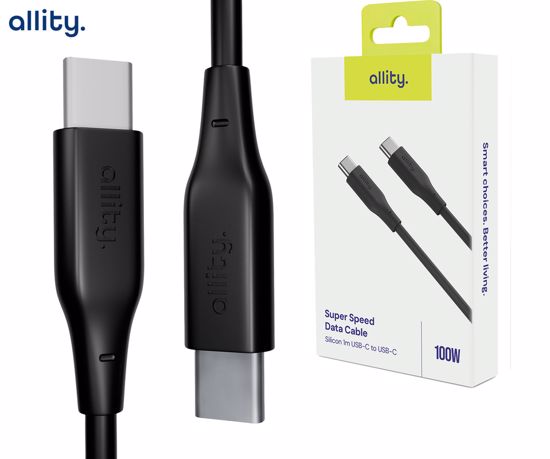 Fotografija izdelka ALLITY AUC-02 kabel, USB-C na USB-C, 100W, 1m, univerzalni, polnjenje / napajanje / prenos podatkov, Plug&Play, silikon, +Velcro trak, črn