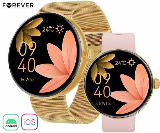 Fotografija izdelka FOREVER ForeVive 5 SB-365 pametna ura, 1.3" AMOLED zaslon, Bluetooth, Android + iOS, klicanje, baterija, aplikacija, IP68, merjenje aktivnosti, analiza spanca, športni načini, zlata (Luxury Gold)