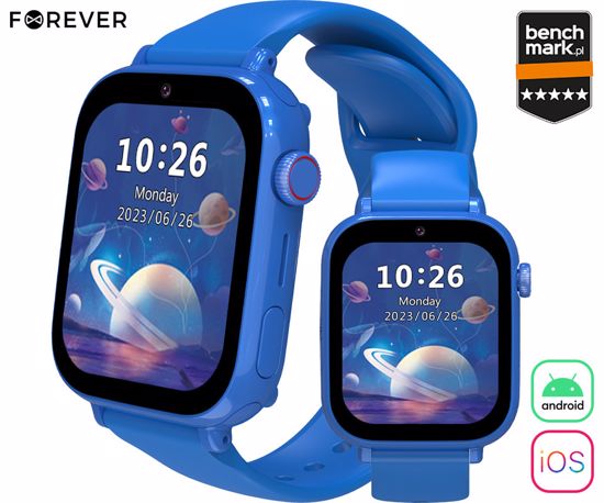 Fotografija izdelka FOREVER Look Me! 3 KW-520 otroška pametna ura, 4G LTE, 1.85" zaslon, GPS+WiFi+LBS lociranje, video klici, SOS gumb, Android + iOS, aplikacija, IP65, pedometer, igre, modra (Electric Blue)