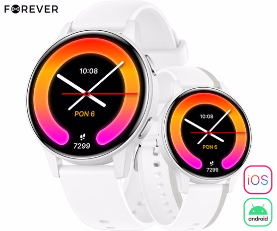 Fotografija izdelka FOREVER iGO4 JW-600 pametna ura, 1.28" AMOLED zaslon, BT 5.3, Android + iOS, baterija, aplikacija, spremljanje zdravja, analiza spanca, 100+ športnih načinov, 2 paščka, IP67, bela (Pearl White)