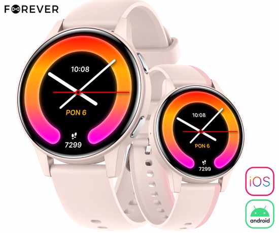 Fotografija izdelka FOREVER iGO4 JW-600 pametna ura, 1.28" AMOLED zaslon, BT 5.3, Android + iOS, baterija, aplikacija, spremljanje zdravja, analiza spanca, 100+ športnih načinov, 2 paščka, IP67, roza (Powder Pink)