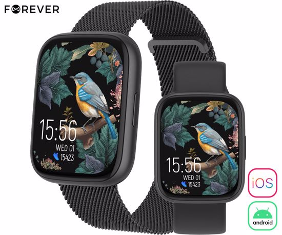 Fotografija izdelka FOREVER ForeVigo 4 SW-330 pametna ura, 1.95" AMOLED, BT 5.4, Android + iOS, klicanje, baterija, aplikacija, spremljanje zdravja, analiza spanca, 100+ športov, 2 paščka, IP68, črna (Carbon Black)