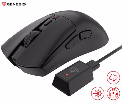 Fotografija izdelka GENESIS ZIRCON 880 PRO brezžična gaming miška, 8K, 30.000DPI, USB 2.4GHz / Bluetooth / USB Type-C, 6 gumbov, Kailh Optical stikala, polnilna baterija, spomin, programska oprema, stekleni drsniki, črna