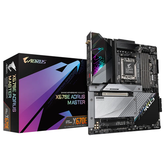 Fotografija izdelka GIGABYTE X670E AORUS MASTER, DDR5, SATA3, USB3.2Gen2x2, DP, 2.5GbE, WiFi 6E, AM5 ATX