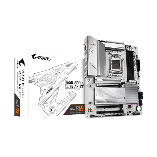 Fotografija izdelka GIGABYTE B650 AORUS ELITE AX ICE, DDR5, SATA3, USB3.2Gen2x2, DP, 2.5GbE, WiFi 6E, AM5 ATX