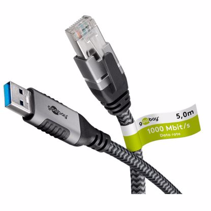 Fotografija izdelka GOOBAY USB-A 3.0 / RJ45 5m CAT 6 črn/siv mrežni povezovalni kabel
