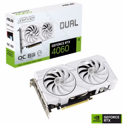 Fotografija izdelka ASUS Dual GeForce RTX 4060 OC 8GB EVO GDDR6 (DUAL-RTX4060-O8G-EVO-WHITE) bela gaming grafična kartica